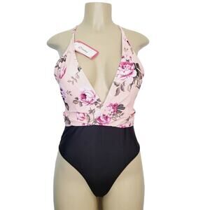 Pat Pat Womens Size XL Black & Pink Flowered Deep V-Neck One Piece Swimsuit NWT